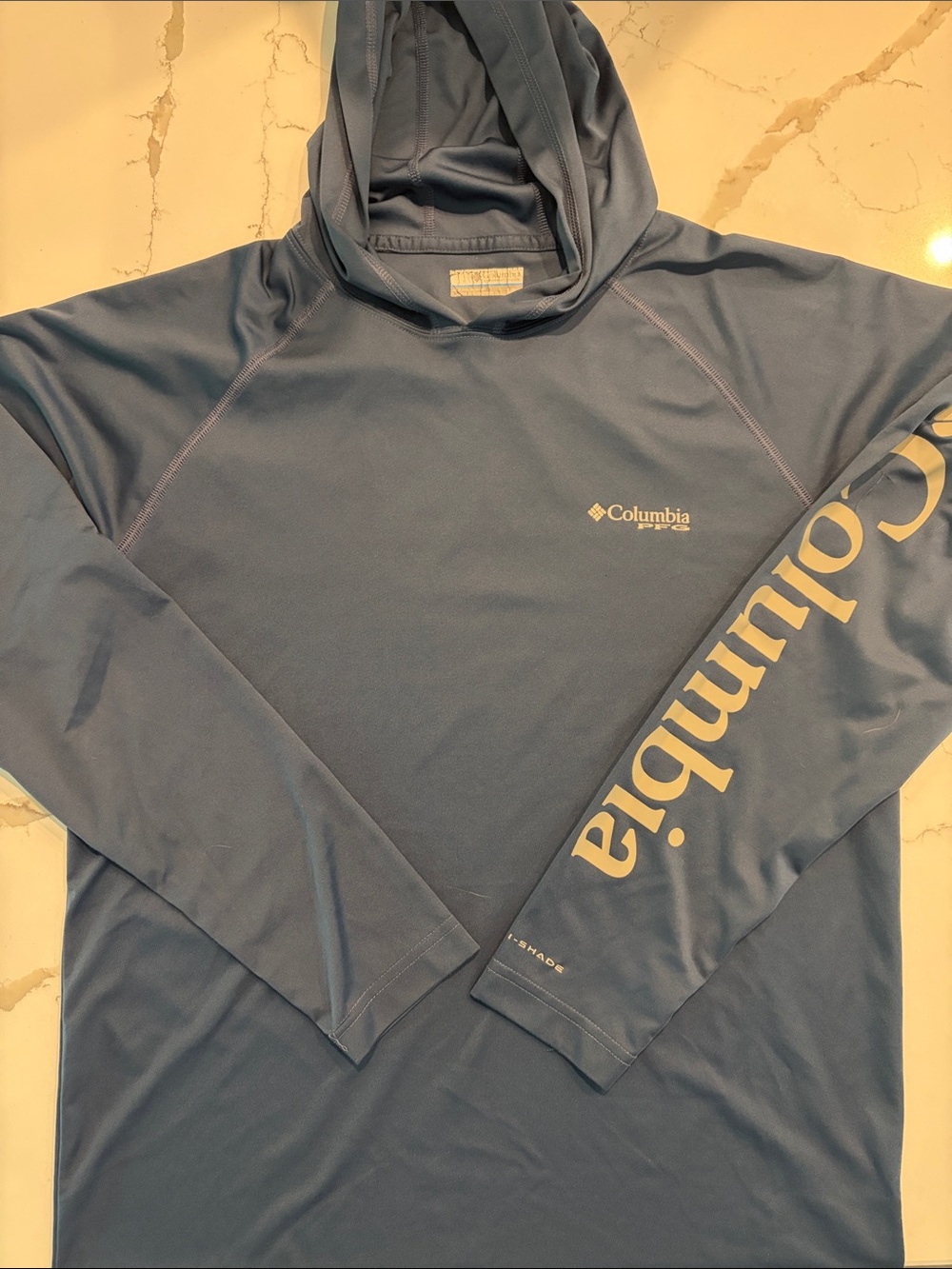 Columbia Slate Blue Hooded Performance Shirt with Cream Logo